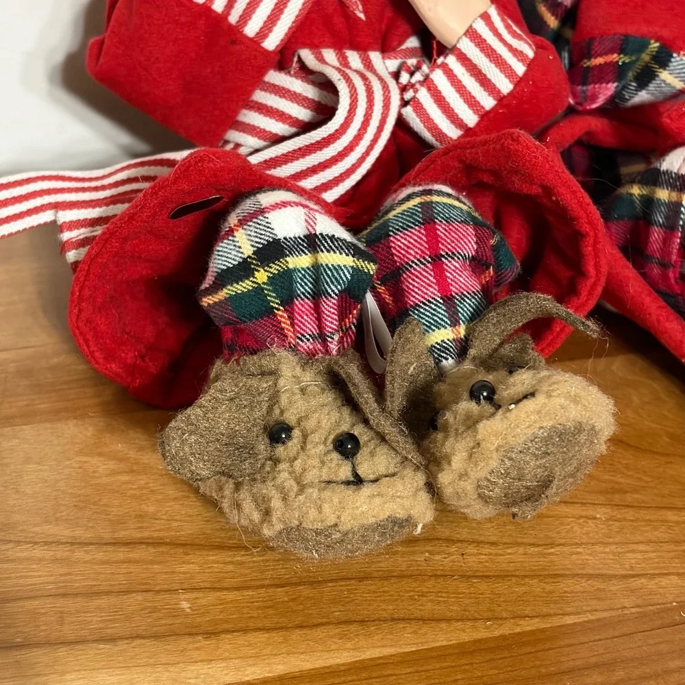 Raz Imports Christmas Elf Shelf Sitter Set Red Plaid Pajamas‎ Moose Slippers NWT